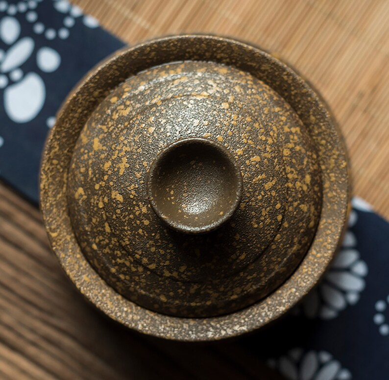 Pottery Tea Cupwith Lid and Teacup Coaster,Handmade Tea Ceremony Accessorie,Household Tea bowl,Hand-Held Tea Pot,Pottery Crafts