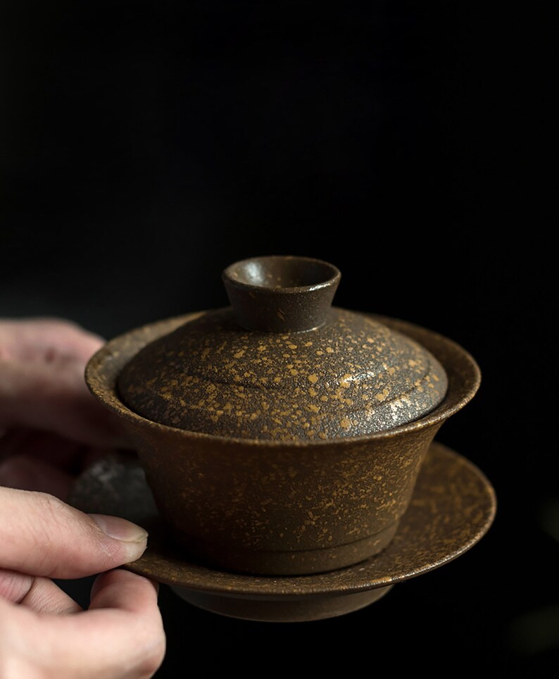 Pottery Tea Cupwith Lid and Teacup Coaster,Handmade Tea Ceremony Accessorie,Household Tea bowl,Hand-Held Tea Pot,Pottery Crafts