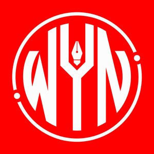 May include: White logo on a red background. The logo features the letters "WYN" in a stylized font, with a pen nib design integrated into the "Y". The logo is enclosed within a white circular border.