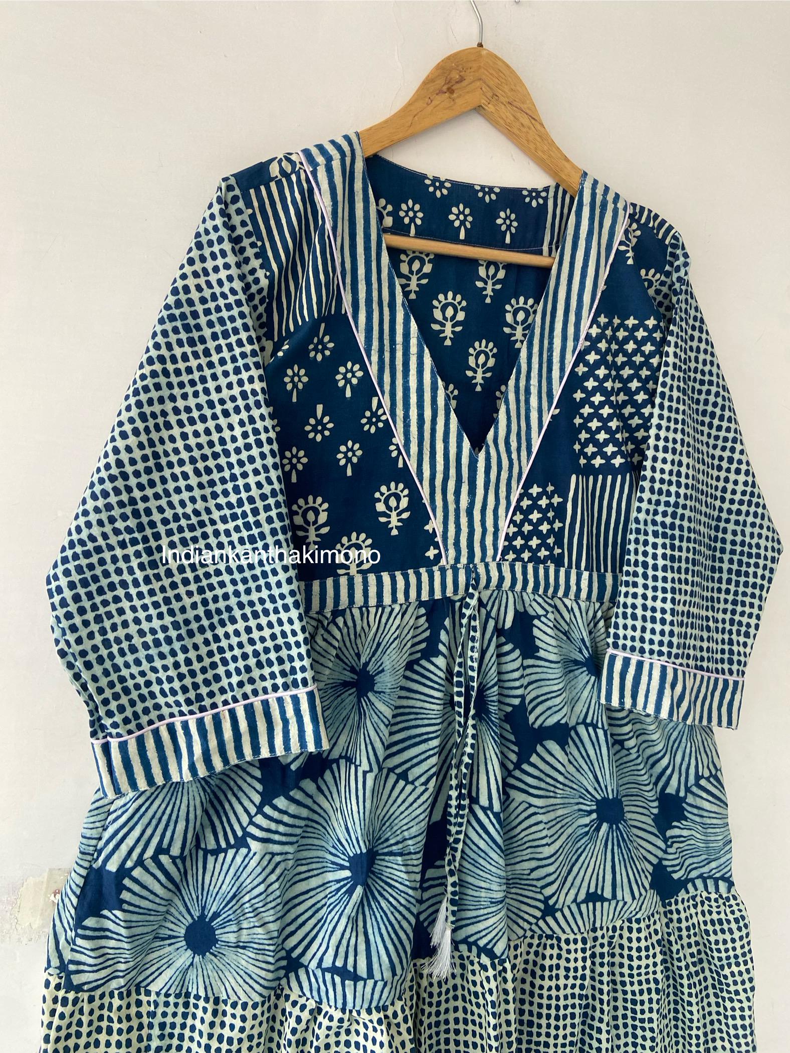 Indigo and Red Cotton Half and Half Aastey Shirt Dress