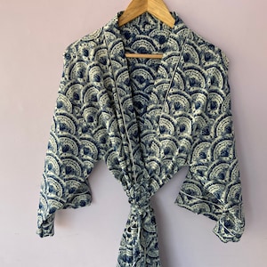 Dabu Indigo Dressing Gown - Hand Printed 100% Light Breathable Cotton Yukata Bathrobe for Women - Women&#39;s Boho Lightweight Robe