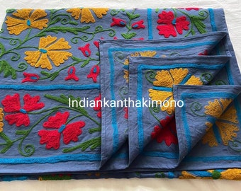 Suzani throw cover, large sun motif bedspread   handmade suzani textile, silk embroidery, handmade table cloth, home decor