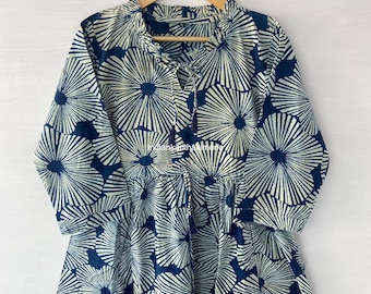 indigo blue floral printed cotton long summer maxi dress - 3/4th sleeve with buttons bohemian maxi dress - Henley neckline with cotton ties