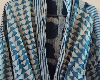 Blue Kimono Robe Ladies Dressing Gown - Hand Printed 100% Light Breathable Cotton Yukata Bathrobe for Women - Women's Boho Lightweight Robe