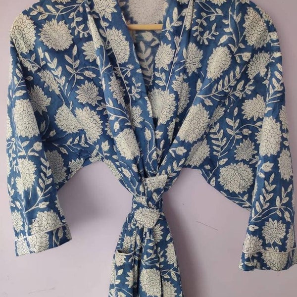 Blockprint Bule Kitty Kimono ,BathRobes ,BeachWear Kimono, WOman Clothing ,Free size Robes ,Best Gifts , Gifts For Mum,Summer Wear Robe,