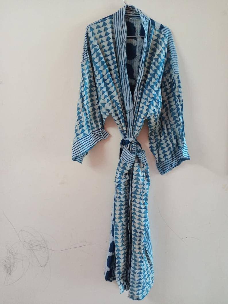 Blue Kimono Robe Ladies Dressing Gown Hand Printed 100% - Etsy