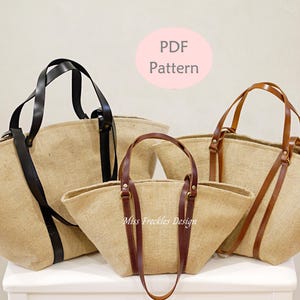 May include: Three tote bags made of tan burlap with leather handles in black, dark brown, and medium brown. The bags have a wide, open-top design with metal hardware attaching the straps. A pink circle contains the text PDF Pattern.