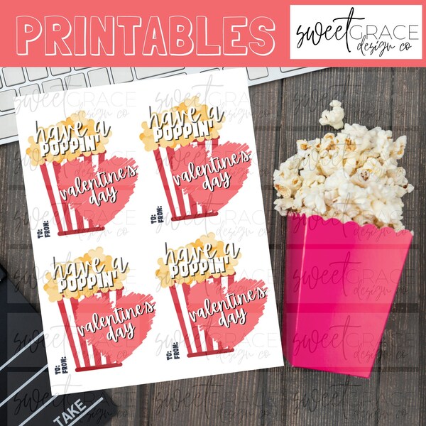 Printable Popcorn Valentines, Kids Valentine, Boy Girl Valentine's Day Card, Poppin', Popcorn School Kids Valentines, DIY Instant Download