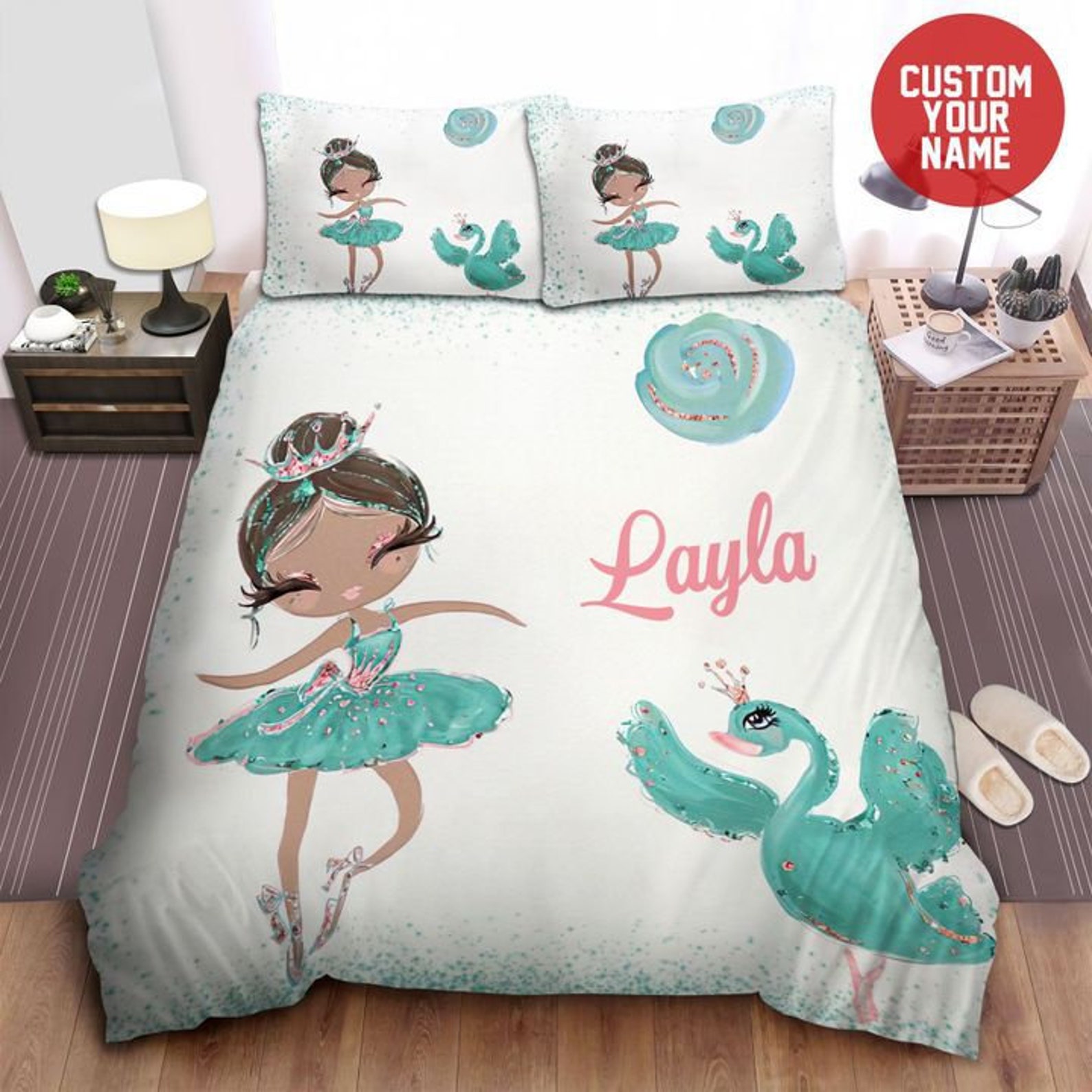 Ballerina With Flamingo Blue Bedding Set Personalized Name Etsy