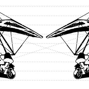 May include: A black and white illustration of two hang gliders in flight. The hang gliders are drawn in a simple, stylized manner, with the wings and the pilot's seat clearly visible.