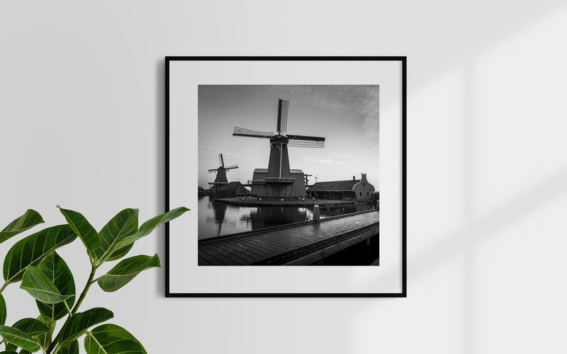 Netherlands Wall Art Windmills II Zaanse Schans Square Print Black and White Original Photography Print Home Decor image 3