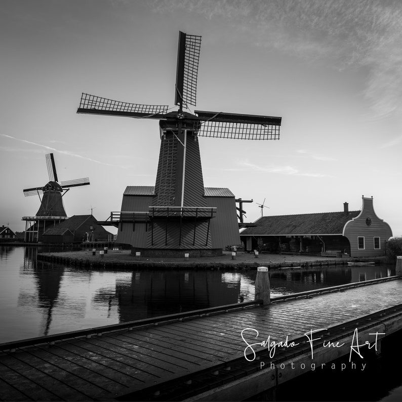 Netherlands Wall Art Windmills II Zaanse Schans Square Print Black and White Original Photography Print Home Decor image 2