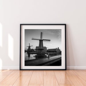 Netherlands Wall Art Windmills II Zaanse Schans Square Print Black and White Original Photography Print Home Decor image 1