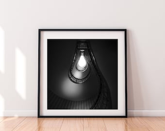 Prague Wall Art | Bulb Staircase | Square Print | Black and White | Original Photography Print | Home Decor