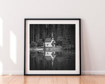 Dolomites Wall Art | Reflection of Church | Lago di Braies | Square Print | Black and White | Original Photography Print | Home Decor