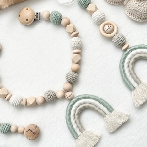 Tęczowa makrama zestaw oszczędnościowy kolor #3 spersonalizowany łańcuszek do wózka wisiorek łańcuszek do smoczka Baby Shower prezent na urodziny chrzest