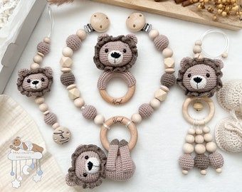 Personalized lion savings set stroller chain pendant rattle pacifier chain baby shower baptism birth gift with engraving taupe