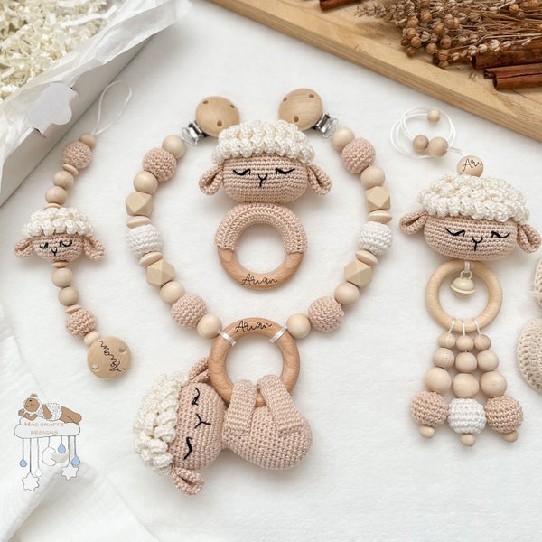 Personalized sheep cream & skin color savings set stroller chain pendant rattle pacifier chain baby shower baptism birth gift with engraving