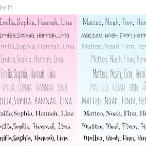 Puede incluir: Un gr&aacute;fico rosa y azul con una lista de nombres en dos columnas. La columna de la izquierda enumera los nombres Mia, Emilia, Sophia, Hannah y Lina. La columna de la derecha enumera los nombres Matteo, Noah, Finn, Henry y Luis. Los nombres se repiten en cada columna, con ligeras variaciones en la capitalizaci&oacute;n y el estilo de fuente.