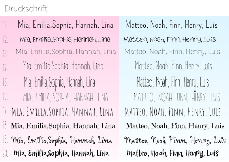 Puede incluir: Un gr&aacute;fico rosa y azul con una lista de nombres en dos columnas. La columna de la izquierda enumera los nombres Mia, Emilia, Sophia, Hannah y Lina. La columna de la derecha enumera los nombres Matteo, Noah, Finn, Henry y Luis. Los nombres se repiten en cada columna, con ligeras variaciones en la capitalizaci&oacute;n y el estilo de fuente.