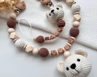 Conjunto personalizado de cadena para cochecito y cadena para chupete con nombre, perfecto como regalo de nacimiento o para baby shower.