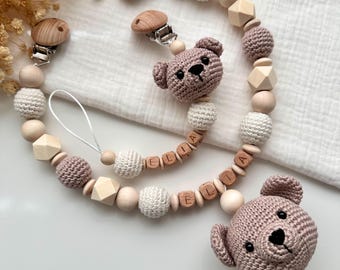 Conjunto personalizado de cadena para cochecito y cadena para chupete con nombre, perfecto como regalo de nacimiento o para baby shower.