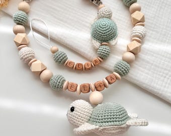 Conjunto personalizado de cadena para cochecito y cadena para chupete con nombre, perfecto como regalo de nacimiento o para baby shower.