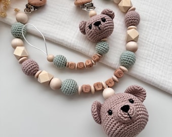 Conjunto personalizado de cadena para cochecito y cadena para chupete con nombre, perfecto como regalo de nacimiento o para baby shower.