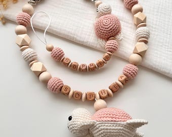 Conjunto personalizado de cadena para cochecito y cadena para chupete con nombre, perfecto como regalo de nacimiento o para baby shower.