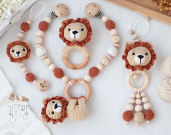 Personalized lion savings set stroller chain pendant pacifier chain birth gift baptism baby shower