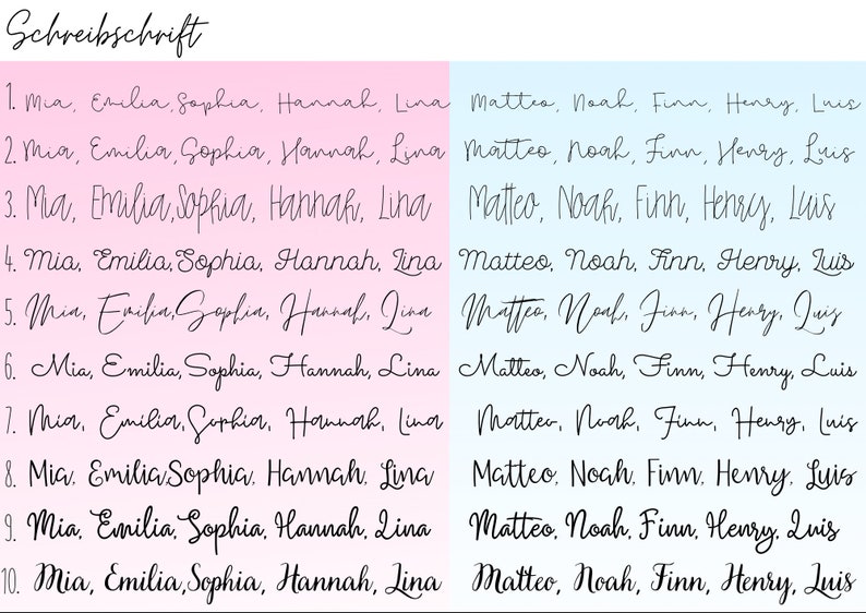 Puede incluir: Un fondo rosa y azul con una lista de nombres escritos en cursiva. Los nombres del lado izquierdo son Mia, Emilia, Sophia, Hannah y Lina. Los nombres del lado derecho son Matteo, Noah, Finn, Henry y Luis.