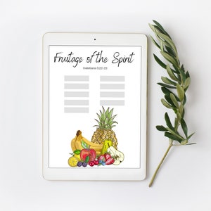 May include: A digital printable worksheet with the title "Fruitage of the Spirit" and a scripture reference. The worksheet has two columns with blank lines for writing. The bottom of the worksheet features a colorful illustration of fruit, including a pineapple, banana, apple, pear, lemon, and berries.