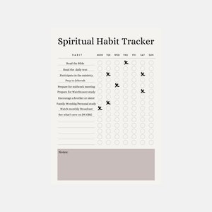May include: A black and white printable spiritual habit tracker with a checklist for daily activities. The tracker includes a section for notes.