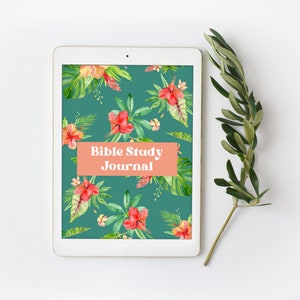Puede incluir: Una tableta blanca con un fondo verde azulado y un patrón floral. El texto "Bible Study Journal" se muestra en un cuadro de color melocotón.