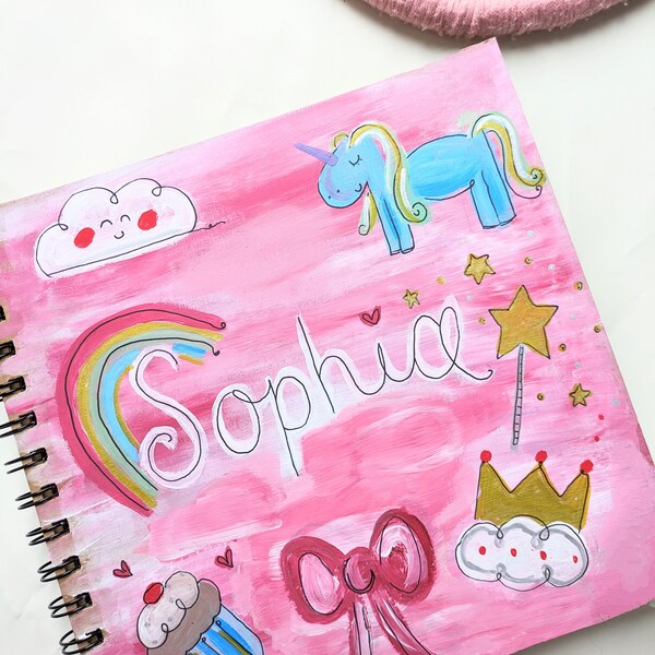 Pink Unicorn Bow Princess Personalised  Art Sketchbook Notebook | Notepad Kraft Book | Art Drawing Book | Custom Sketchpad | hand painted