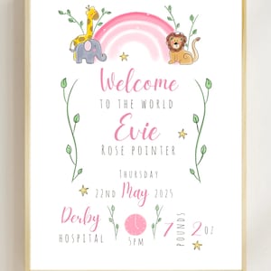Impresión de cumpleaños, detalles de nacimiento, impresión de animales de safari, póster de nacimiento, regalo para bebé nuevo, impresión del nombre del bebé, bautizo, arte de pared con el nombre del bebé, guardería
