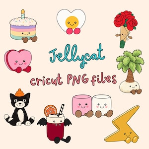 Puede incluir: Una colección de ilustraciones digitales con personajes lindos que incluyen un pastel de cumpleaños, un huevo en forma de corazón, un ramo de rosas rojas, un corazón rosa, una palmera, un gato negro, dos malvaviscos, una bebida y un rayo con el texto Jellycat cricut PNG files.
