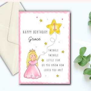 Tarjeta de cumpleaños de princesa personalizada para 1.º, 2.º, 3.º, 4.º, 5.º, 6.º, 7.º cumpleaños, nieta, hermana, sobrina, cualquier edad. Twinkle Twinkle Little Star