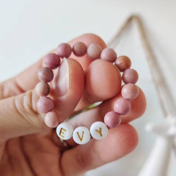 Pink Custom Baby Bracelet-personalized Bracelet, Custom Name Bracelet, pink bead Bracelet-Rhodonite Bracelet- Girl twin bracelets