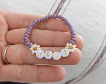 Daisy Name Bracelets, Girl Personalized Bracelets, School Name Bracelets, Newborn Baby Gift, Name Announcement, pink bead bracelet, purple