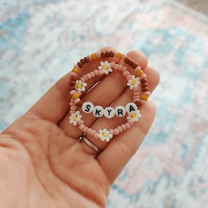 Personalized Girl Name Bracelet Set: Daisy Flower Beaded Bracelet