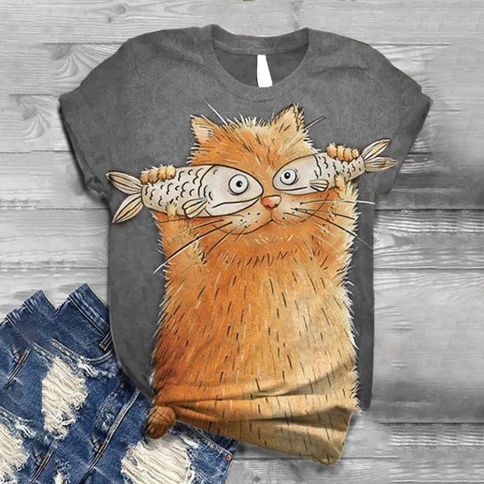 Funny Cat Holding Fish Tshirt Cat Lover's Tshirt Cat Etsy