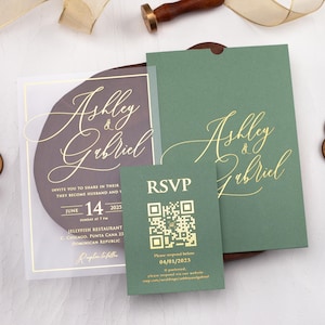 Sage Grün und Gold Acryl Hochzeitseinladung, personalisierte Hochzeitseinladung, Goldfolie Gedruckte Acryl Hochzeitseinladung Sage Green Invite