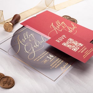 Invitación de boda de acrílico rojo y dorado, invitación de boda personalizada, invitación de boda de acrílico impresa con papel dorado, invitación roja