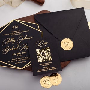 Invitación de boda, invitación acrílica de lámina negra y dorada, tarjeta de boda acrílica negra, invitación de boda negra, invitación de boda impresa en lámina dorada