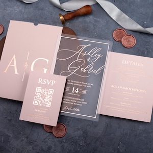 Rosa und Roségold Acryl Hochzeitseinladung, personalisierte Hochzeit einladen, Roségold Folie gedruckt Acryl Hochzeitseinladungen, Rosa einladen