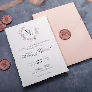 Convite de casamento rosa claro, convites florais, convite de recepção com borda denteada, conjunto de convites minimalistas e elegantes
