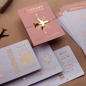 Invito di nozze con passaporto, invito con carta d'imbarco, lamina rosa e oro, matrimonio a destinazione, invito in stile passaporto, pass per matrimonio