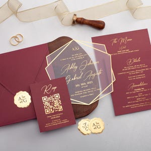 Acryl Hochzeitseinladung, Burgunderrot und Gold Hochzeit lädt ein, Goldfolie gedruckt Acryl einladen, Burgunder Hochzeitseinladungen