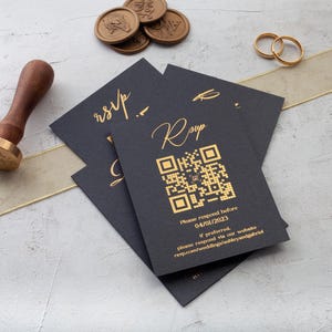 RSVP-kaart met QR-code, moderne responskaart, met folie bedrukte RSVP-kaart, insteekkaarten bruiloft